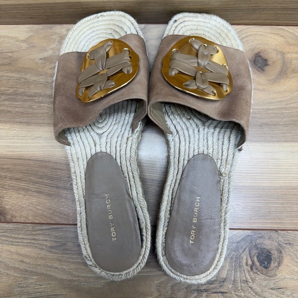 Tory Burch Double T Sandals 7 M Beige Suede Gold Logo Espadrille Slides - Picture 8 of 12